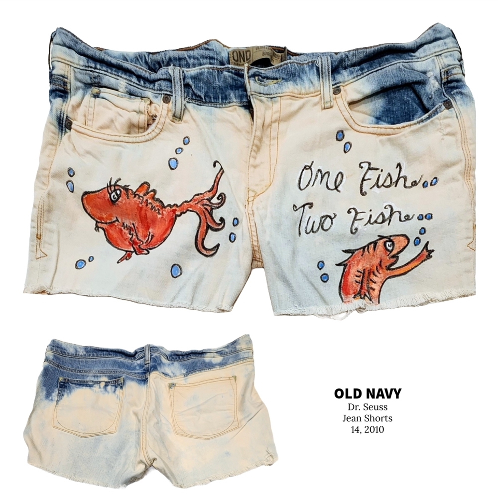 Old Navy Hand Painted Dr. Seuss Fish Design Jean Shorts - Red and Blue